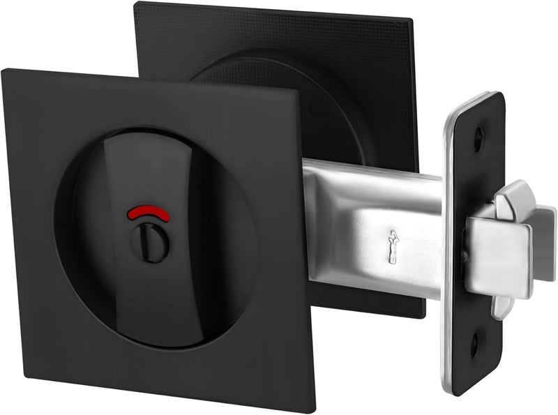 Malimali Pocket Door Lock, Matte Black Pocket Door Hardware Square Door Lock with Red-Green Indicators for Privacy Sliding Door Bifold Door Locks and Pulls Handles - Image 1