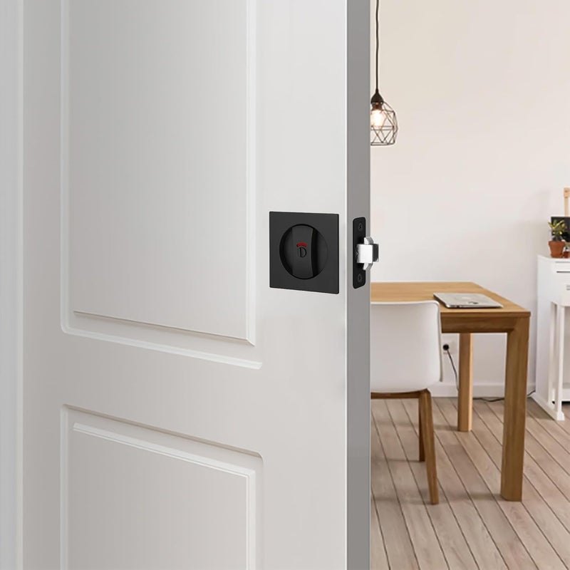 Malimali Pocket Door Lock, Matte Black Pocket Door Hardware Square Door Lock with Red-Green Indicators for Privacy Sliding Door Bifold Door Locks and Pulls Handles - Image 4