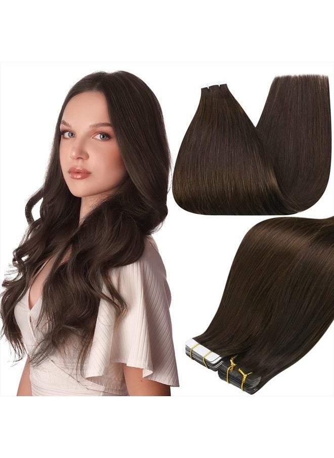 Full Shine 12 Inch Tape in Hair Extensions Short Seamless Remy Pu Glue on Hair 30G 20 Pcs Color 2 Darkest Brow Tape in Human Hair Brazilian Remy Pu Hair Silky Straight Thick Ends  - Image 1