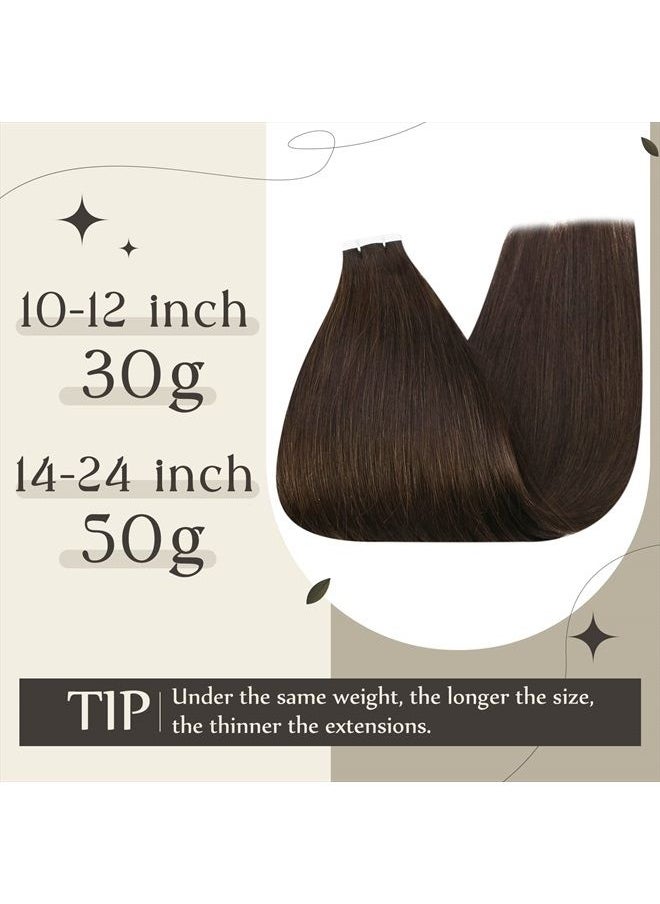 Full Shine 12 Inch Tape in Hair Extensions Short Seamless Remy Pu Glue on Hair 30G 20 Pcs Color 2 Darkest Brow Tape in Human Hair Brazilian Remy Pu Hair Silky Straight Thick Ends  - Image 3