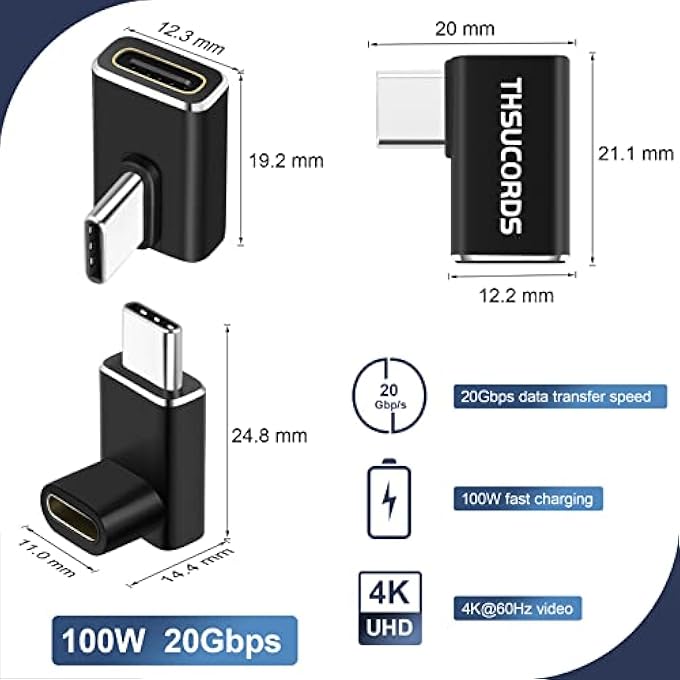 Thsucords RIGHT ANGLE USB C EXTENSION ADAPTER 4 PACK, LEFT 90 DEGREE MALE TO FEMALE EXTENDER 100W 20GBPS TYPE C 3.2 GEN2 4K@60HZ VIDEO EXTENDED CONVERTER FOR STEAM DECK, SWITCH, MACBOOK - Image 2