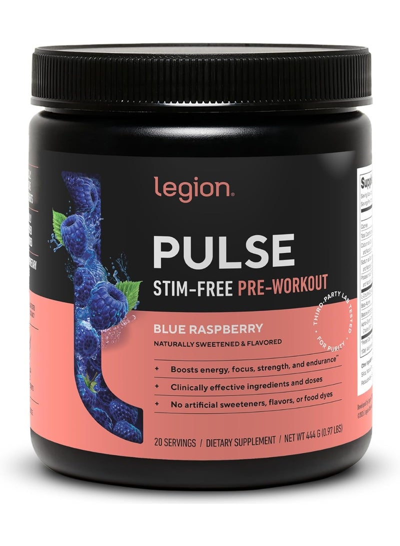Legion Pulse Stim-Free Pre-Workout Blue Raspberry 20 Servings (444g) – Caffeine-Free Pump, Endurance & Focus - Image 1