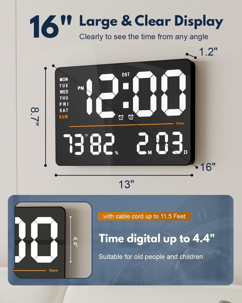 ELEXIQ LargeDigitalWallClock Large Display with Remote Control Automatic Brightness Alarm Clock with Temperature Date Week for Living Room Office Decor Square Digital Wall Clock2 - Image 2