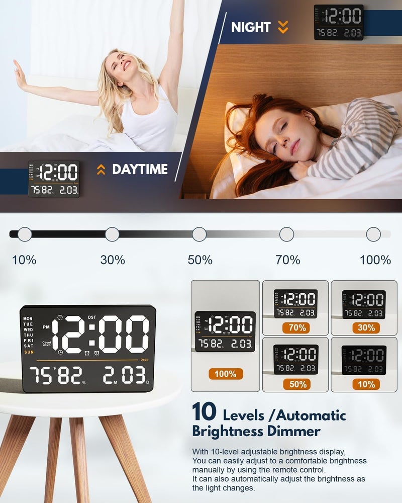 ELEXIQ LargeDigitalWallClock Large Display with Remote Control Automatic Brightness Alarm Clock with Temperature Date Week for Living Room Office Decor Square Digital Wall Clock2 - Image 5