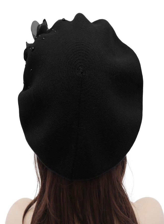 ZLYC Womens French Beret Hat Reversible Solid Color Cashmere Mosaic Warm Beret Cap, Butterfly Black, One Size - Image 3