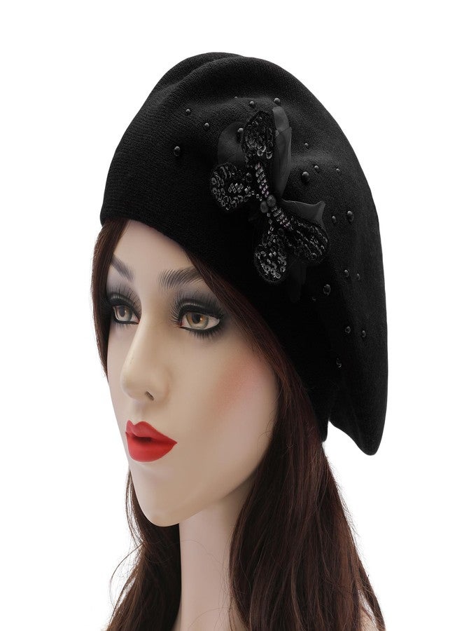 ZLYC Womens French Beret Hat Reversible Solid Color Cashmere Mosaic Warm Beret Cap, Butterfly Black, One Size - Image 2