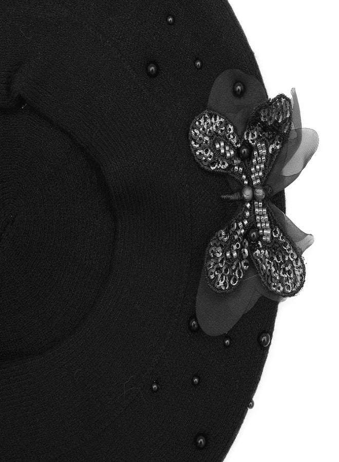 ZLYC Womens French Beret Hat Reversible Solid Color Cashmere Mosaic Warm Beret Cap, Butterfly Black, One Size - Image 5