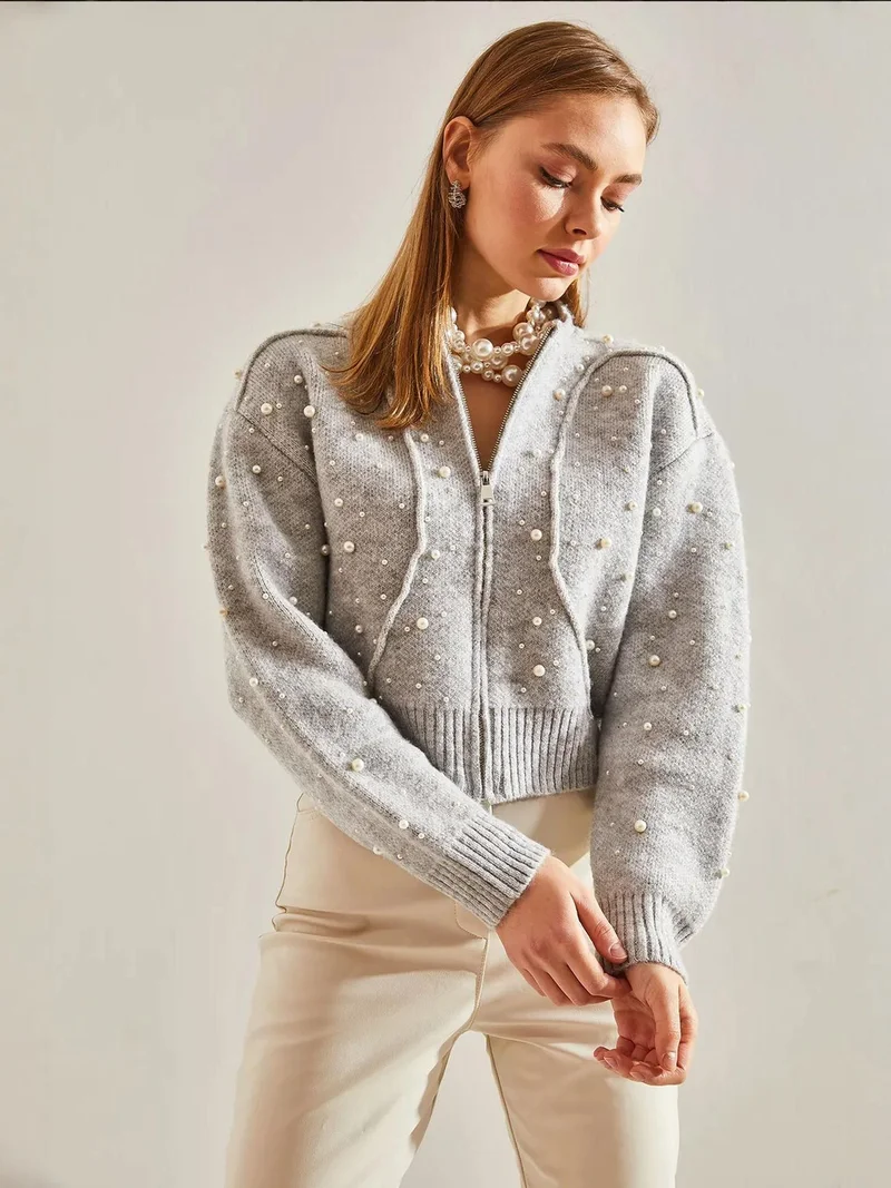 Bianco Lucci LUCCI Textured Patterned Zip-Up Crop Cardigan with Pompom