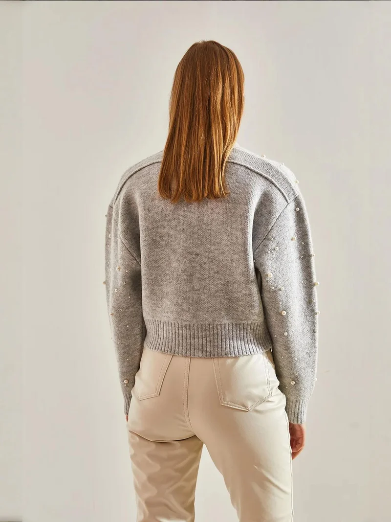 Bianco Lucci Pearl Embellished Zip-Up Crop Cardigan