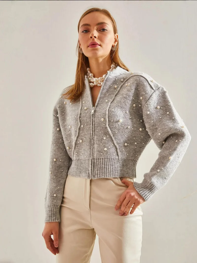 Bianco Lucci Pearl Embellished Zip-Up Crop Cardigan