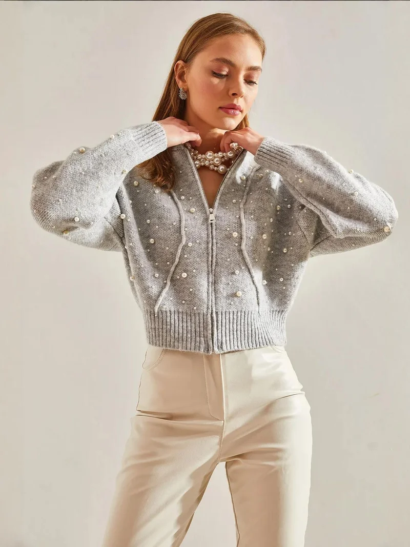 Bianco Lucci Pearl Embellished Zip-Up Crop Cardigan