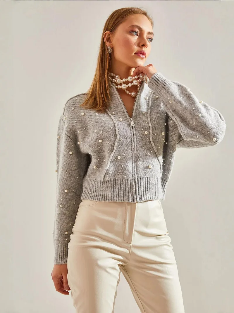 Bianco Lucci Pearl Embellished Zip-Up Crop Cardigan