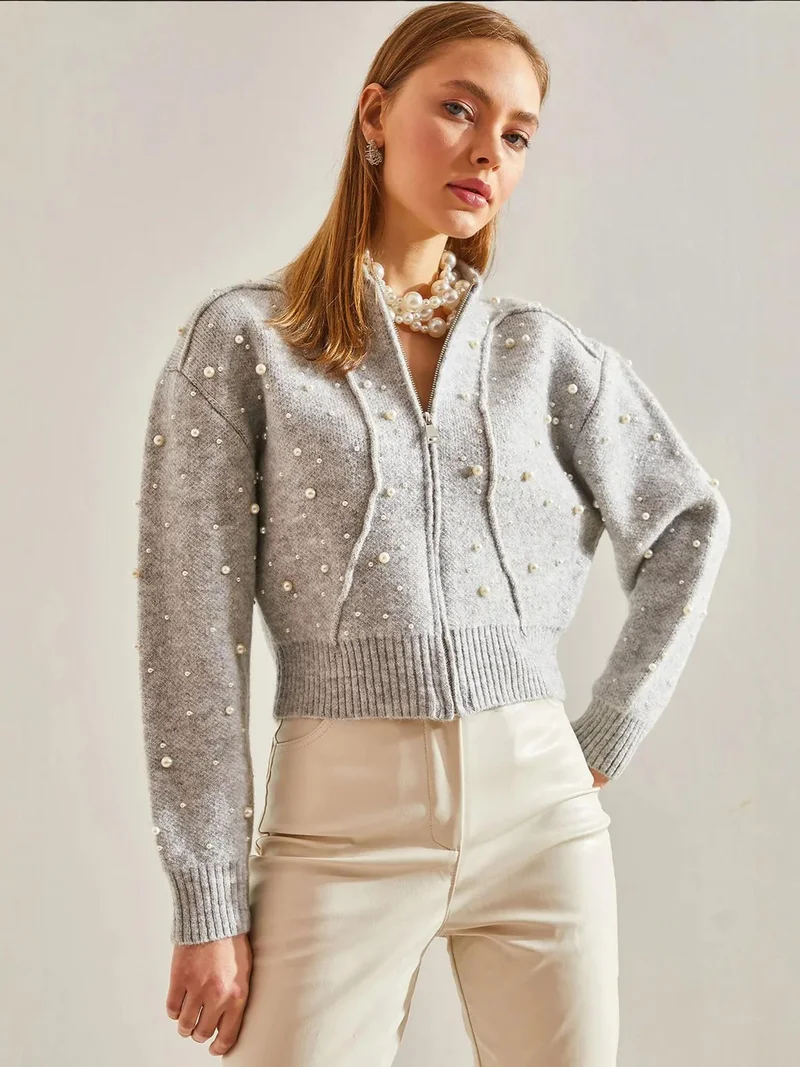 Pearl Embellished Zip-Up Crop Cardigan