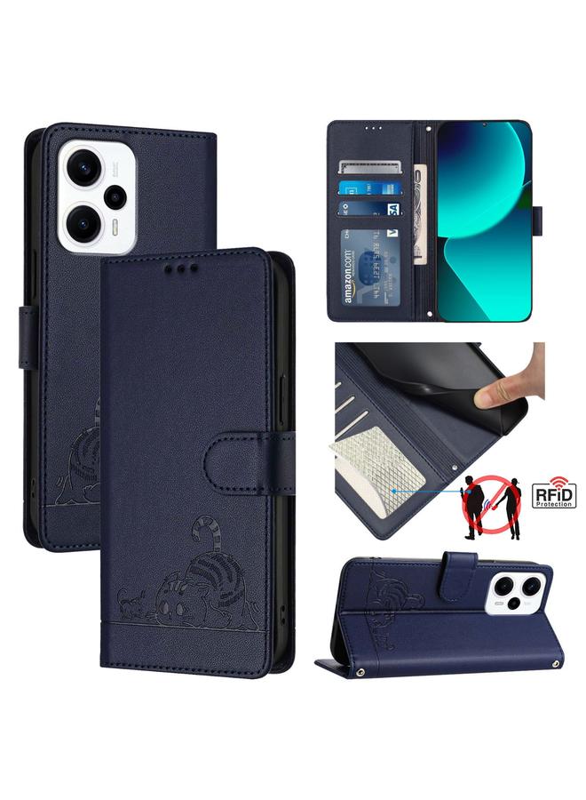 Case For Xiaomi POCO X4 GT 5G Cat Rat Embossed Pattern RFID Leather Phone Case with Lanyard