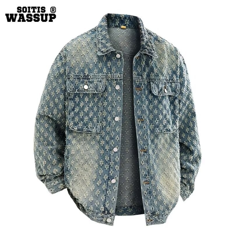 American Retro Versatile Denim Jacket For Men And Women, Motorcycle Trendy Brand Turn-Down Collar Loose Casual Top - Image 1