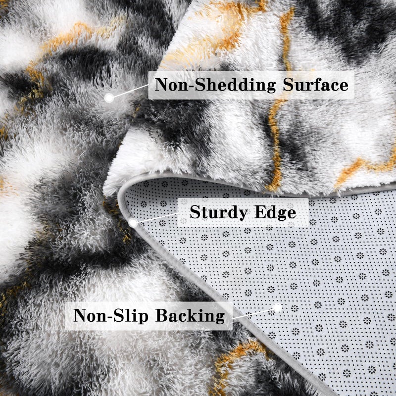 DweIke Fluffy Black White Gold Rugs for Bedroom Living Room, 4x6 Feet Soft Plush Shaggy Tie-Dyed Girls Boys Kids Rug, Upgraded Non-Slip and Machine Washable Carpet for Dorm Nursery Classroom Decor - Image 5