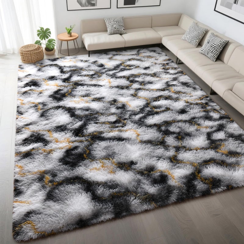 DweIke Fluffy Black White Gold Rugs for Bedroom Living Room, 4x6 Feet Soft Plush Shaggy Tie-Dyed Girls Boys Kids Rug, Upgraded Non-Slip and Machine Washable Carpet for Dorm Nursery Classroom Decor - Image 1