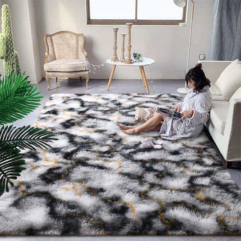 DweIke Fluffy Black White Gold Rugs for Bedroom Living Room, 4x6 Feet Soft Plush Shaggy Tie-Dyed Girls Boys Kids Rug, Upgraded Non-Slip and Machine Washable Carpet for Dorm Nursery Classroom Decor - Image 2