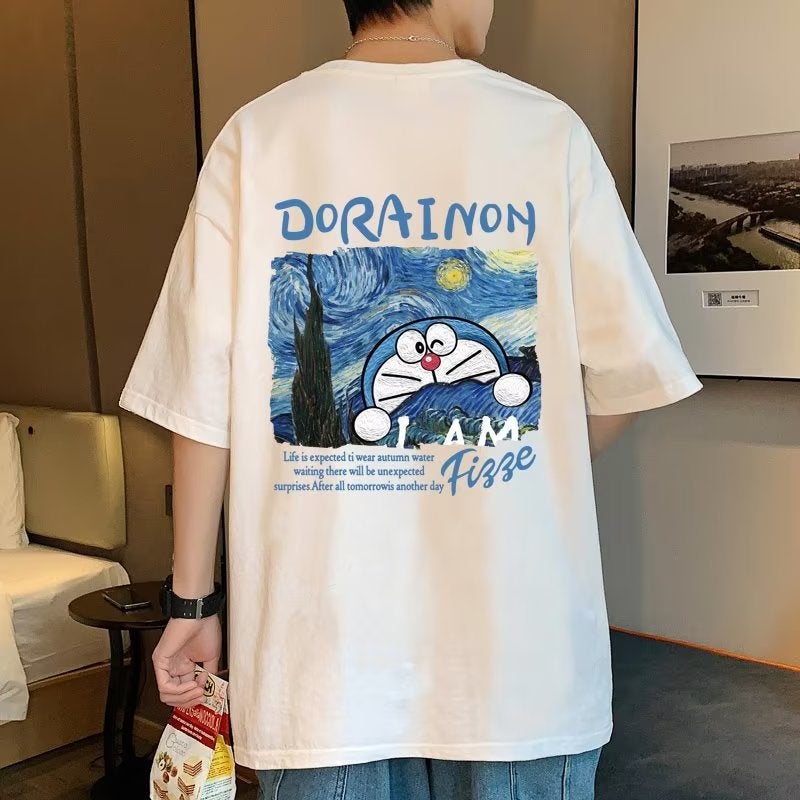 Doraemon T-shirt summer couple wear white T-shirt men's short sleeve American retro heavy fashion brand men's T-shirt - Image 2