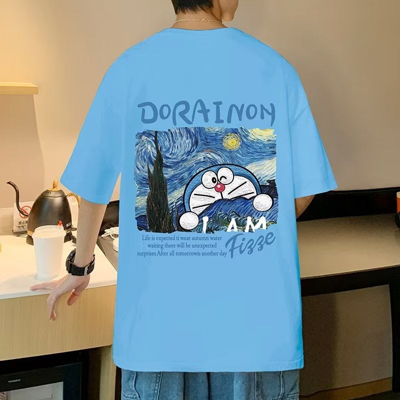 Doraemon T-shirt summer couple wear white T-shirt men's short sleeve American retro heavy fashion brand men's T-shirt - Image 1