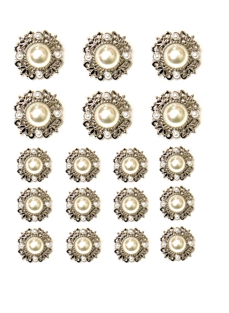 18 Pcs Luxury Pearl Buttons – Silver Metal with Faux Pearls Sewing & DIY Craft Embellishments (6pcs 20mm and 12pcs 15mm) - Image 1