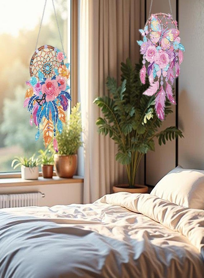 Saillong 2 Pcs Dream Catcher Diamond Art Painting Kits for Adults DIY Summer Butterfly Flower Suncatcher Hanging Diamond Painting Art Wind Chime Hanging for Home Window Door Decor(Flower) - Image 2