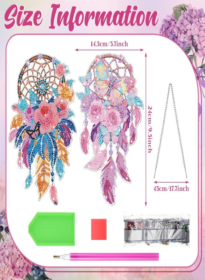 Saillong 2 Pcs Dream Catcher Diamond Art Painting Kits for Adults DIY Summer Butterfly Flower Suncatcher Hanging Diamond Painting Art Wind Chime Hanging for Home Window Door Decor(Flower) - Image 3