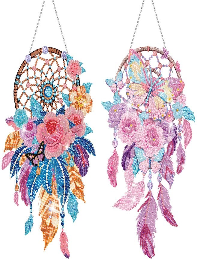 Saillong 2 Pcs Dream Catcher Diamond Art Painting Kits for Adults DIY Summer Butterfly Flower Suncatcher Hanging Diamond Painting Art Wind Chime Hanging for Home Window Door Decor(Flower) - Image 1