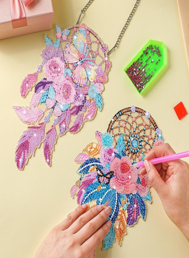 Saillong 2 Pcs Dream Catcher Diamond Art Painting Kits for Adults DIY Summer Butterfly Flower Suncatcher Hanging Diamond Painting Art Wind Chime Hanging for Home Window Door Decor(Flower) - Image 4