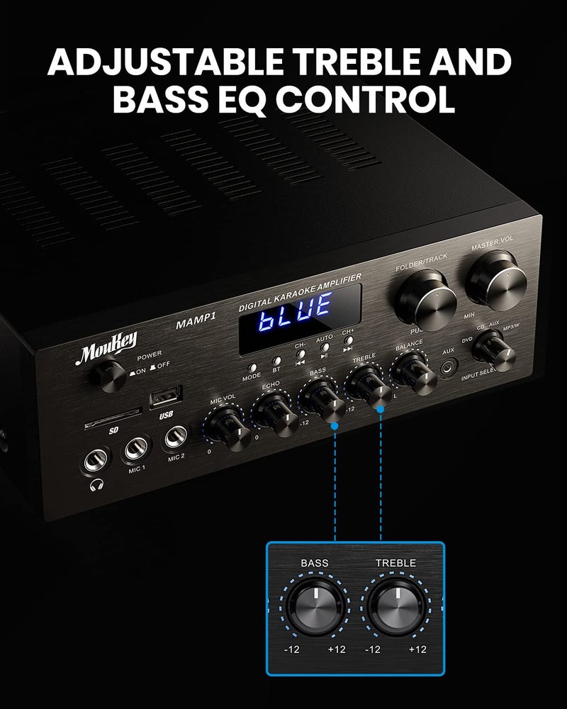 Moukey Stereo Receivers with Bluetooth 5.0, 2.0 Channel Power Audio Amplifier Stereo System w/USB, SD, AUX, RCA, MIC in w/Echo, LED for Karaoke, Home Theater Speakers, 400W Peak, 25W× 2 RMS- MAMP1 - Image 3