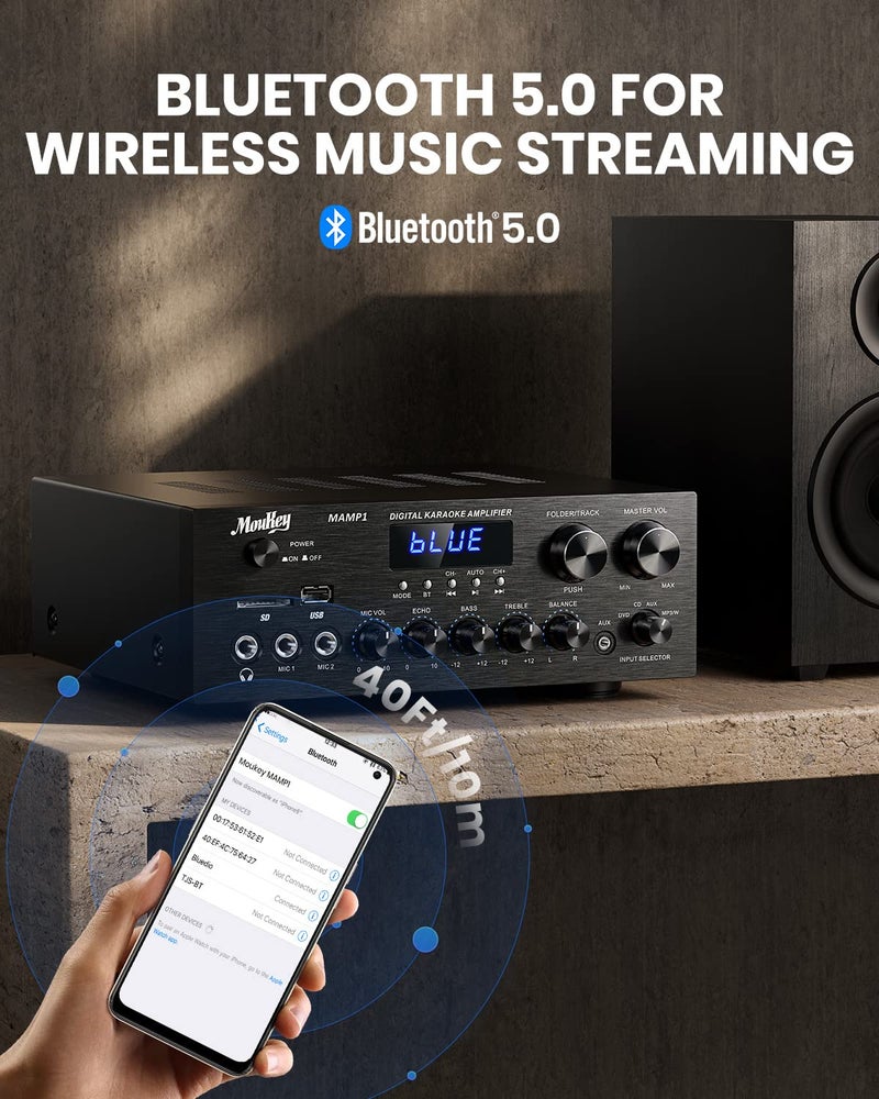 Moukey Stereo Receivers with Bluetooth 5.0, 2.0 Channel Power Audio Amplifier Stereo System w/USB, SD, AUX, RCA, MIC in w/Echo, LED for Karaoke, Home Theater Speakers, 400W Peak, 25W× 2 RMS- MAMP1 - Image 5