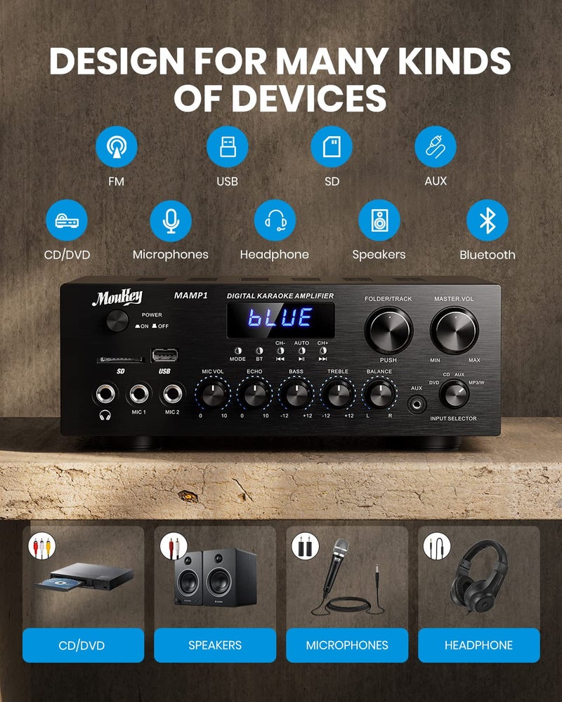 Moukey Stereo Receivers with Bluetooth 5.0, 2.0 Channel Power Audio Amplifier Stereo System w/USB, SD, AUX, RCA, MIC in w/Echo, LED for Karaoke, Home Theater Speakers, 400W Peak, 25W× 2 RMS- MAMP1 - Image 2