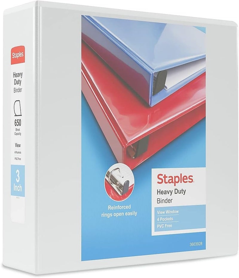 Staples 3 Inch Heavy-Duty View Binder with D-Rings (White) - Image 1