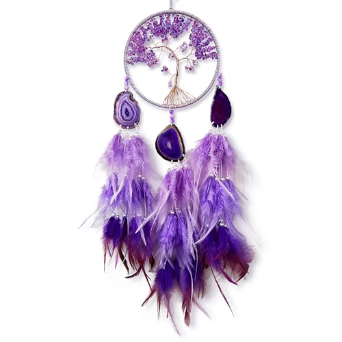 OIOVOIO Large Dream Catcher,Sun Dream Catchers with Chakra Gemstone Agate Stone,Purple Crystal Tree Life,Dream Catcher for Girls,Dream Catchers for Adults,Home Ornaments Craft Gift (Purple) - Image 1