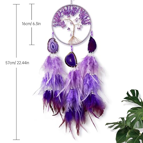 OIOVOIO Large Dream Catcher,Sun Dream Catchers with Chakra Gemstone Agate Stone,Purple Crystal Tree Life,Dream Catcher for Girls,Dream Catchers for Adults,Home Ornaments Craft Gift (Purple) - Image 4