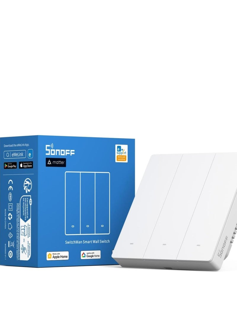سونوف M5-3C-86W SwitchMan مفتاح حائط ذكي بثلاثة أزرار (يدعم Matter)، تحكم عن بُعد / صوتي، مشاركة التحكم، المشاهد الذكية، مؤقت العد التنازلي، واي فاي 2.4GHz، قدرة قصوى 2200 واط، يعمل مع أليكسا وGoogle Home، اللون الأبيض. - Image 1