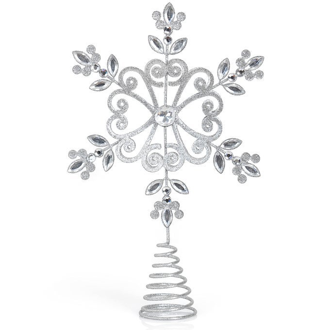 Flower Snowflake Tree Topper Silver Glitter Designed Floral Snow Flake Toppers Xmas Ornament Holiday Trees Decor with Sparkling Gem Detailed Christmas Star Tree Top Decorations 115