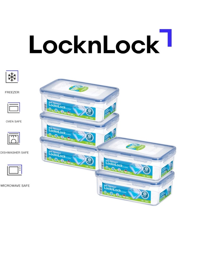 حاويات طعام مستطيلة من لوكن لوك مع أغطية مجموعة من 5 - حاويات تخزين طعام بلاستيكية محكمة الهواء ومقاومة للماء، خالية من BPA وآمنة في غسالة الصحون، 5 × 1 لتر