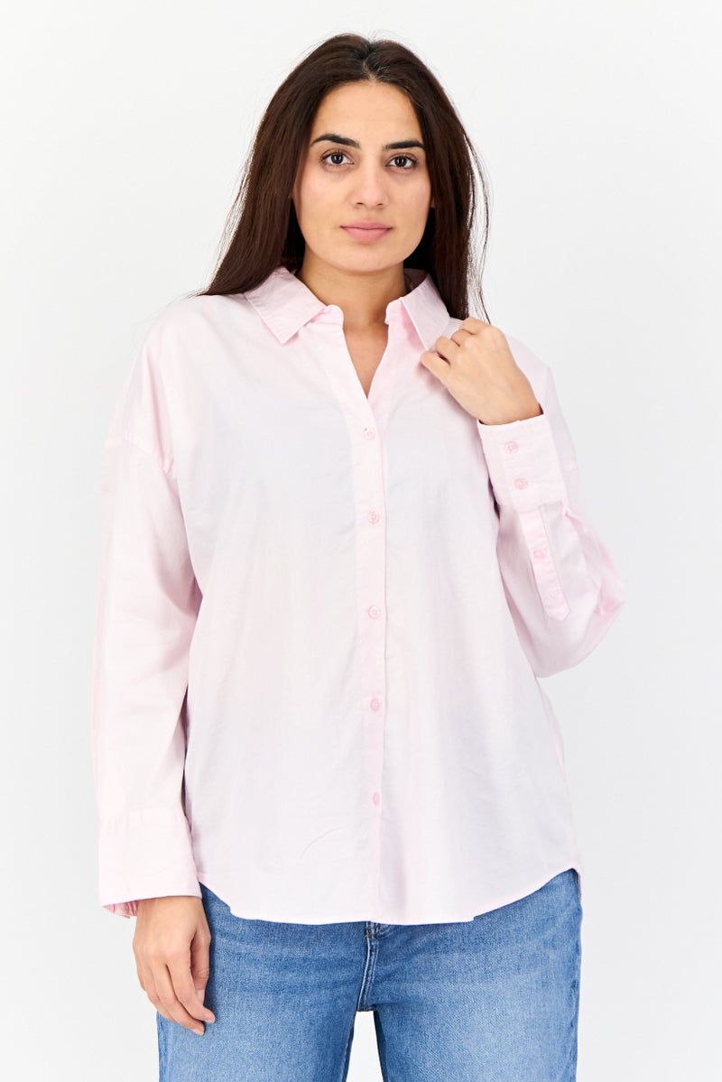 Kathy Ireland Women Pointed Neck Long Sleeve Plain Shirt, Pink - Image 1