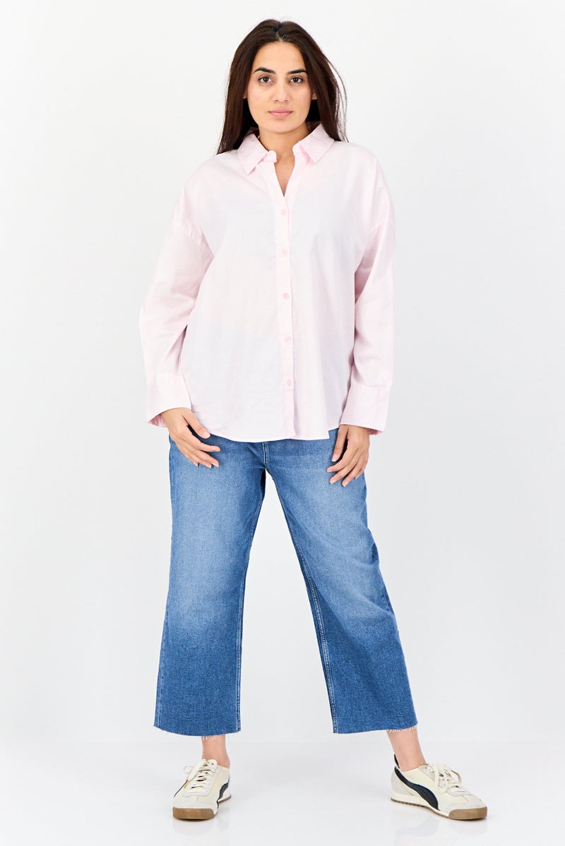 Kathy Ireland Women Pointed Neck Long Sleeve Plain Shirt, Pink - Image 3