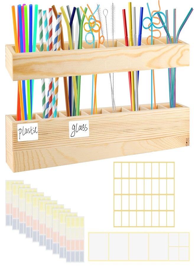 Pletpet 1+2PCS Wooden Straw Holder for Cabinet with Double Sided Adhesive Tape and Label Stickers, 8 Compartments Straw Storage Organizer Rack for Inside Cabinet Door - Image 1