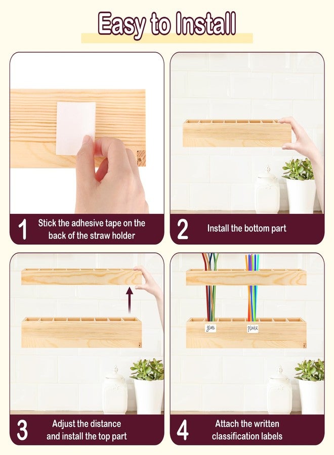 Pletpet 1+2PCS Wooden Straw Holder for Cabinet with Double Sided Adhesive Tape and Label Stickers, 8 Compartments Straw Storage Organizer Rack for Inside Cabinet Door - Image 5