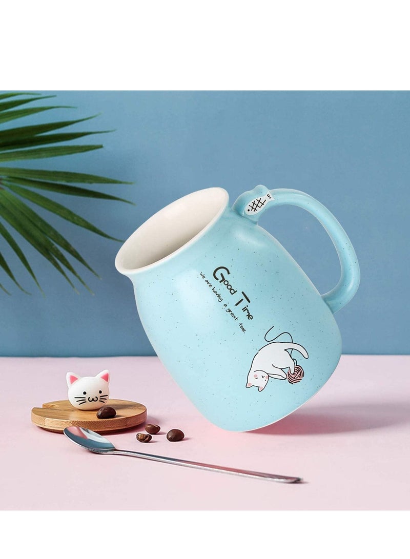 SYOSI Cat Mug Lovely Ceramic Coffee Cup with Lovely Kitty wooden lid Stainless Steel Spoon, Novelty Morning Cup Tea Milk Mug, Tea Water Milk Mugs for Home Office Drinkware Gift 330MLBlue - Image 2