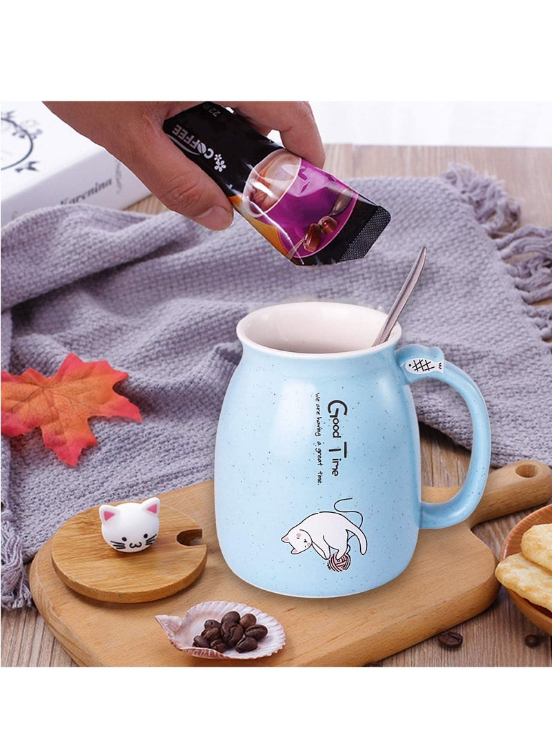 SYOSI Cat Mug Lovely Ceramic Coffee Cup with Lovely Kitty wooden lid Stainless Steel Spoon, Novelty Morning Cup Tea Milk Mug, Tea Water Milk Mugs for Home Office Drinkware Gift 330MLBlue - Image 3