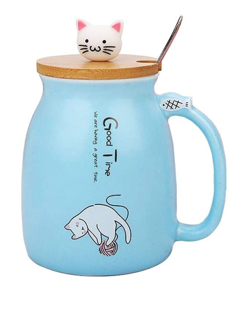 SYOSI Cat Mug Lovely Ceramic Coffee Cup with Lovely Kitty wooden lid Stainless Steel Spoon, Novelty Morning Cup Tea Milk Mug, Tea Water Milk Mugs for Home Office Drinkware Gift 330MLBlue - Image 1
