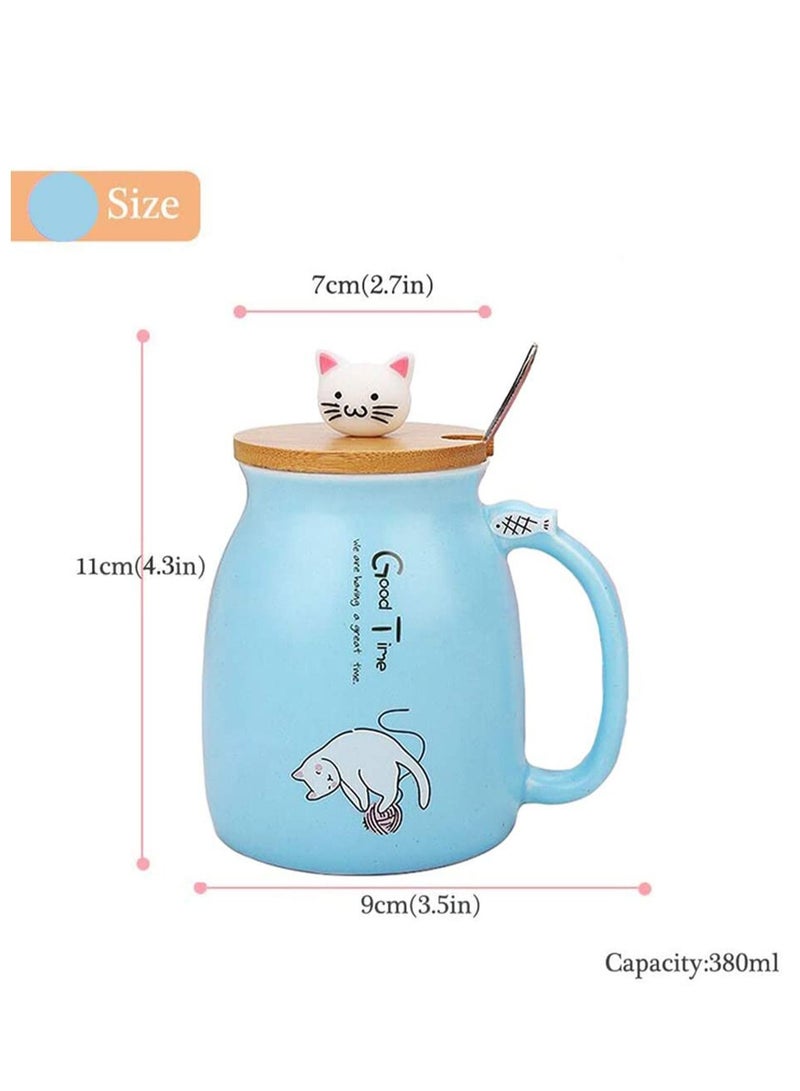 SYOSI Cat Mug Lovely Ceramic Coffee Cup with Lovely Kitty wooden lid Stainless Steel Spoon, Novelty Morning Cup Tea Milk Mug, Tea Water Milk Mugs for Home Office Drinkware Gift 330MLBlue - Image 4