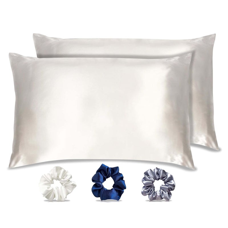 Silvr Bear Premium Solid Satin Pillow Covers + 3 Scrunchies | Aesthetic Pillowcase - Standard - 18 X 27 Inches | Great For Hair And Skin | Combo Pack (Pearl White, Satin), 250 TC, 5 Piece - Image 1