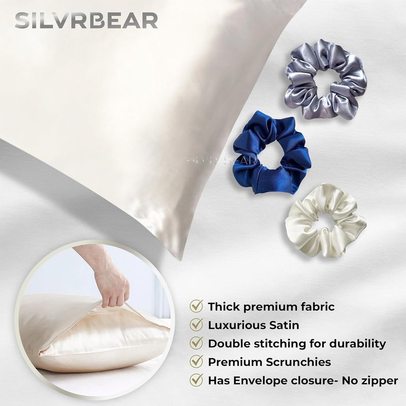 Silvr Bear Premium Solid Satin Pillow Covers + 3 Scrunchies | Aesthetic Pillowcase - Standard - 18 X 27 Inches | Great For Hair And Skin | Combo Pack (Pearl White, Satin), 250 TC, 5 Piece - Image 3