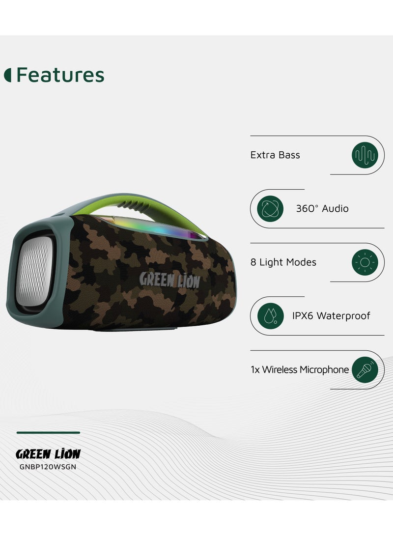 GREEN LION Beam Pro Portable Speaker with Microphone 120W / Extra Bass /  360° Audio / 8 Light Modes / Long Playing Hours /AUX/USB/TF/MIC / Music / Parties - Green - Image 3
