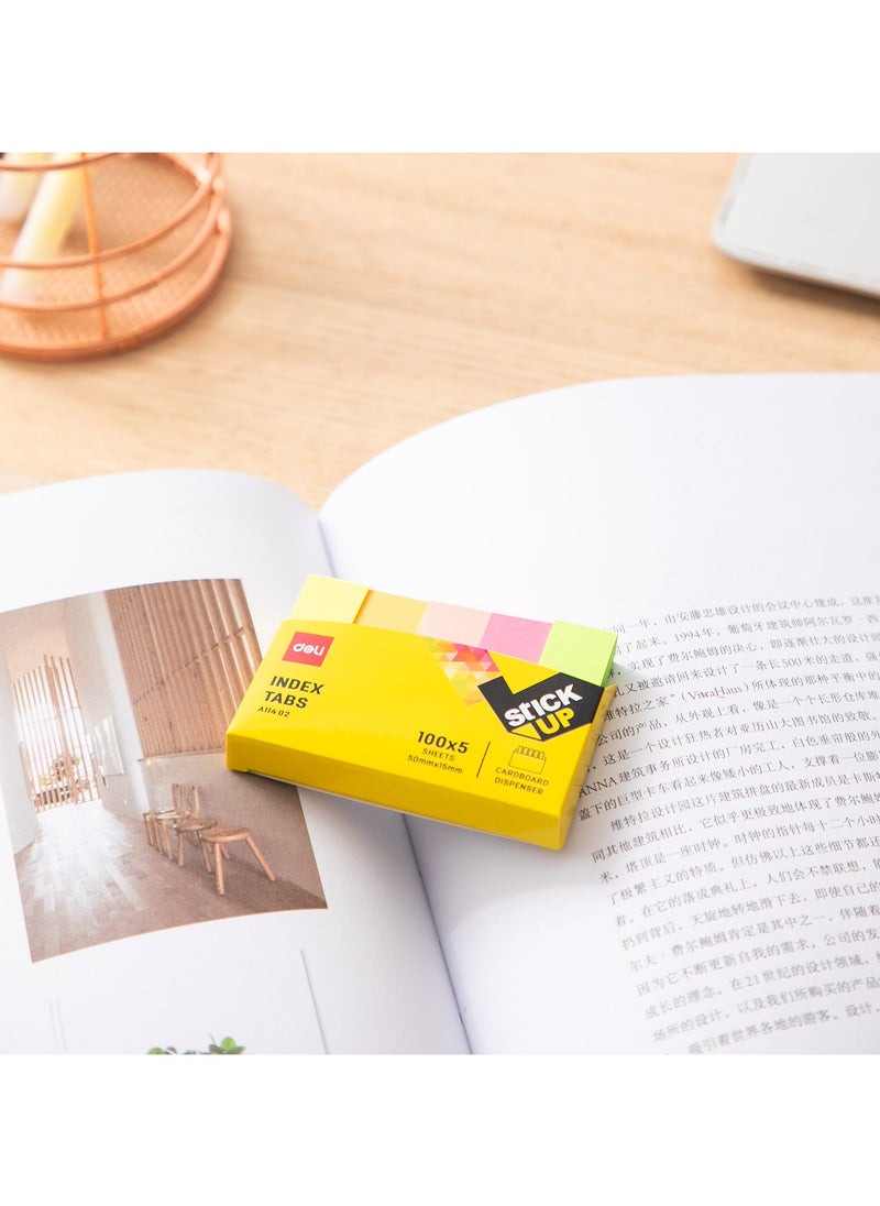 Deli - Deli A11402 Stick Up Index Tabs, 100x5 Sheets, 50mm x 15mm, Multi-Colour, Cardboard Dispenser - Image 1
